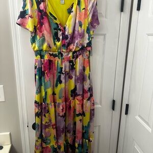 Nicole Miller Vibrant Floral Maxi Dress in Yellow, Pink, Purple, Teal